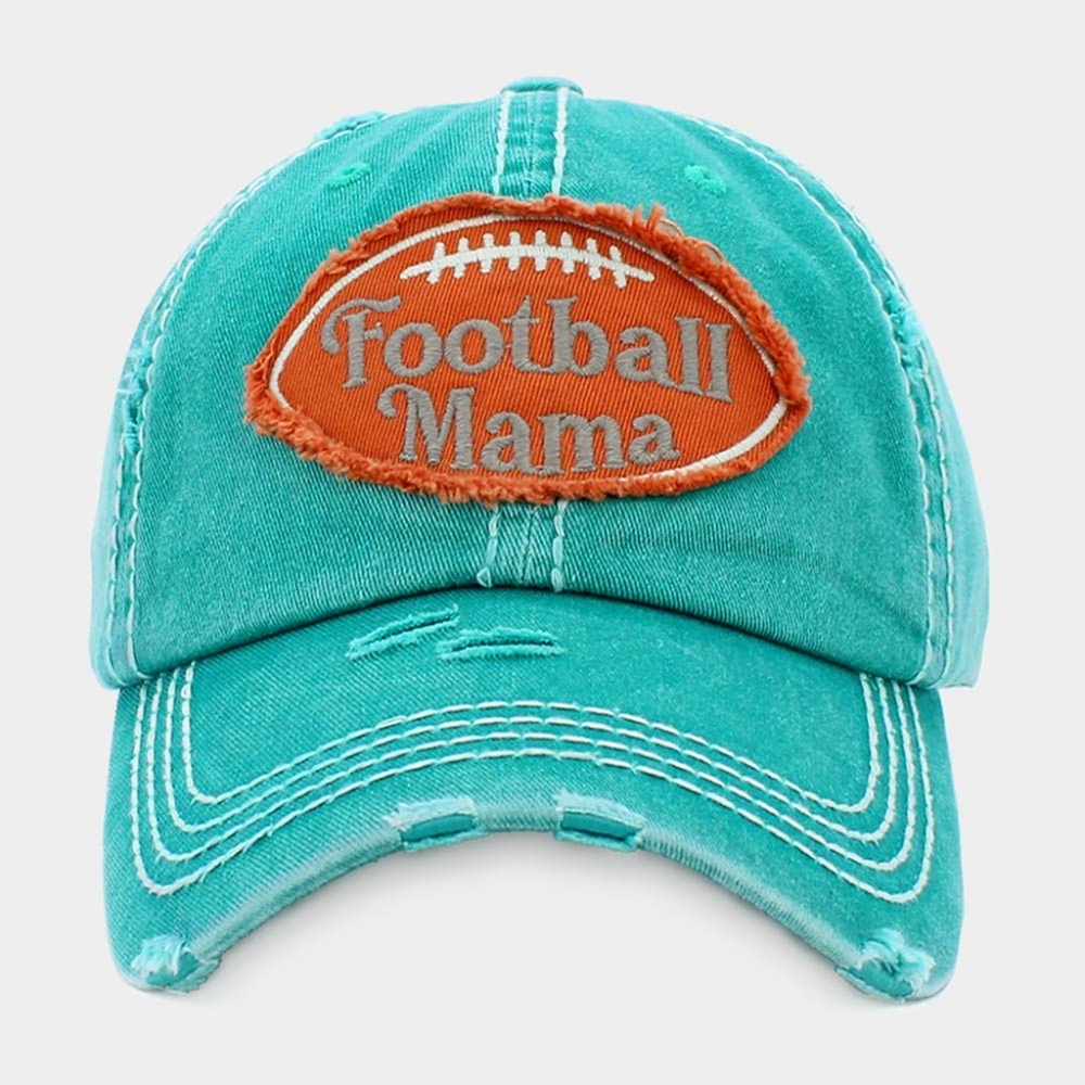 Turquoise Blue "FOOTBALL MAMA" Brown Baseball Cap Hat Embroidery